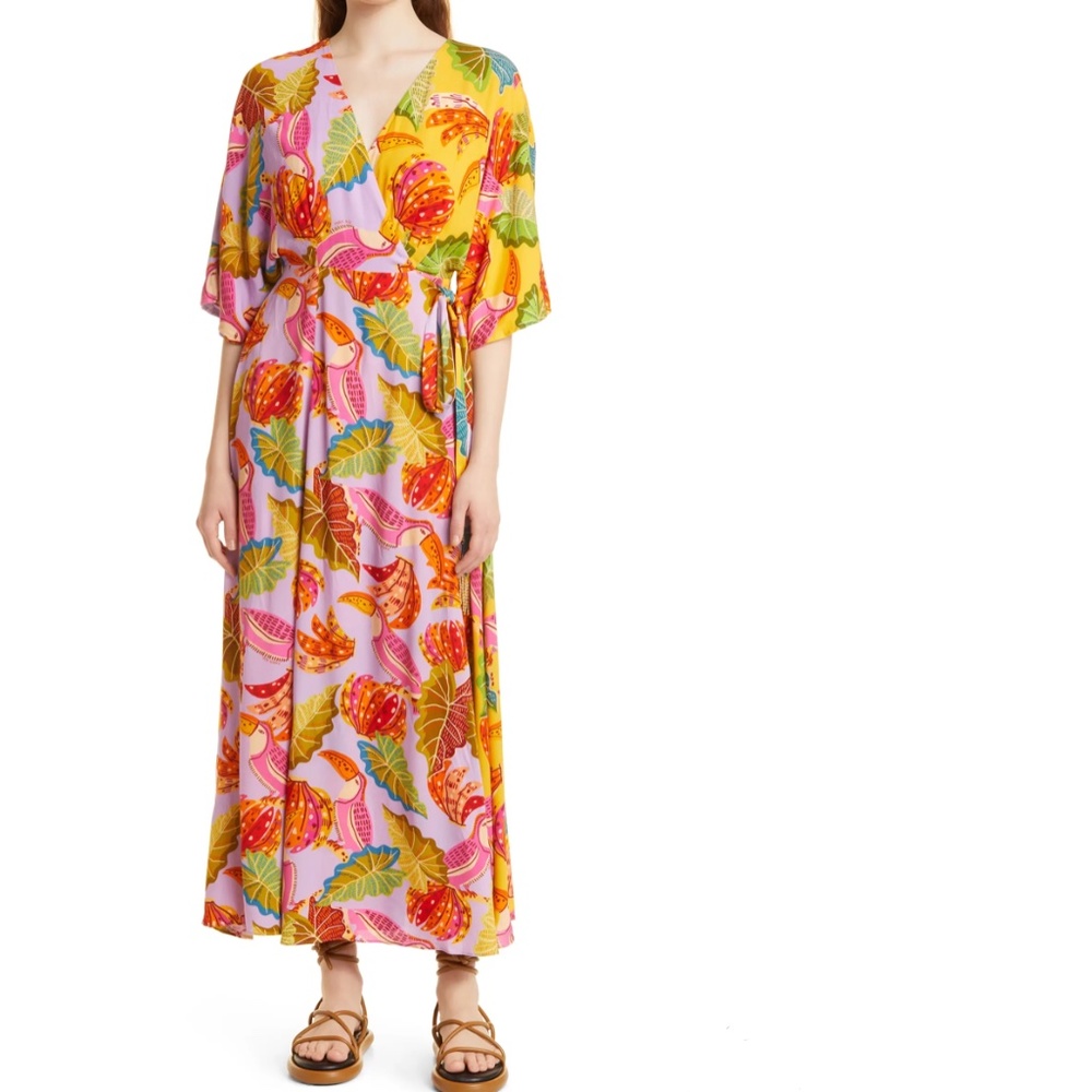 NWT $225 FARM RIO Beaks and Bananas Wrap Maxi Dress in size X-Small!